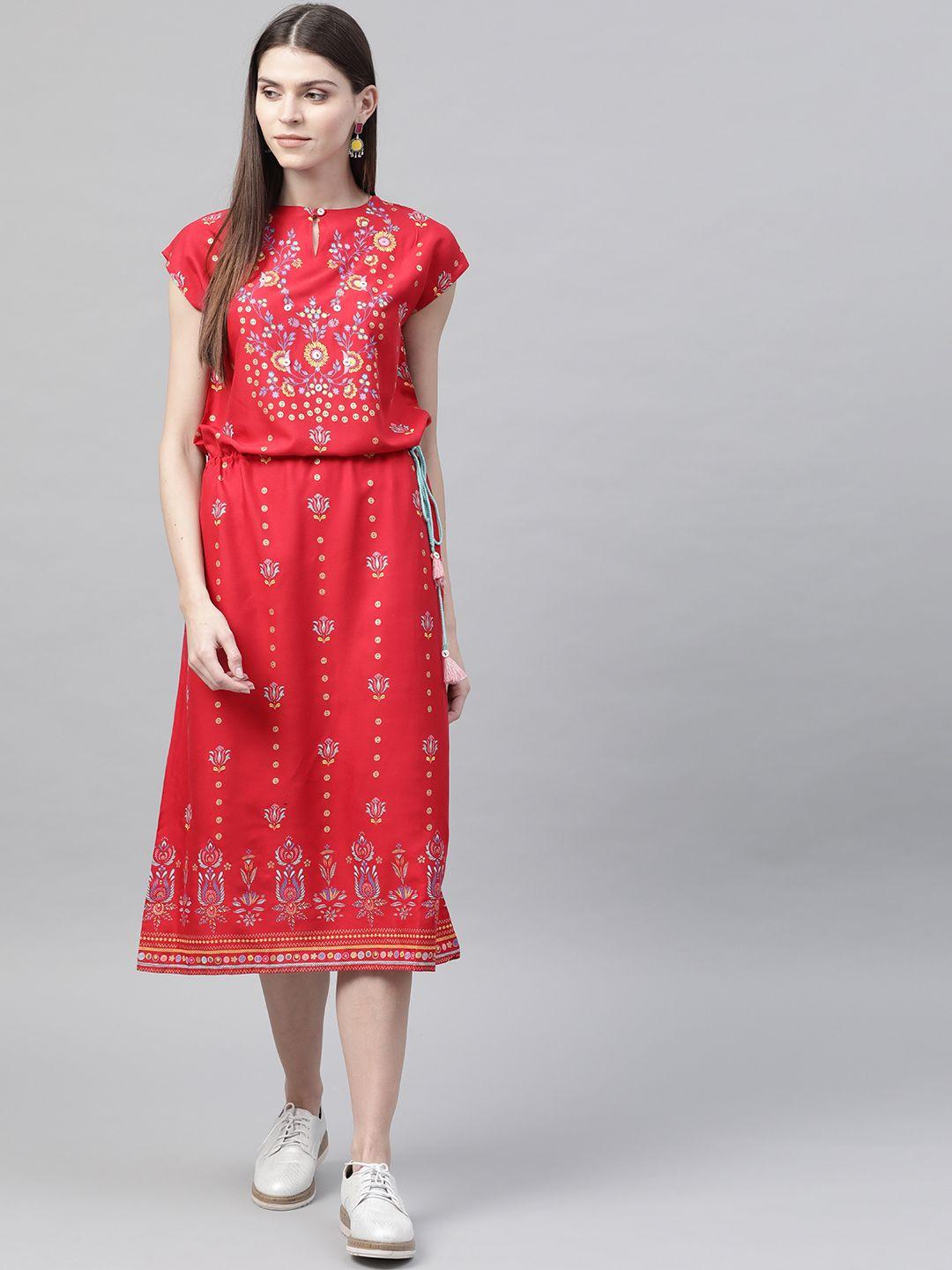rangriti women red & blue printed a-line dress