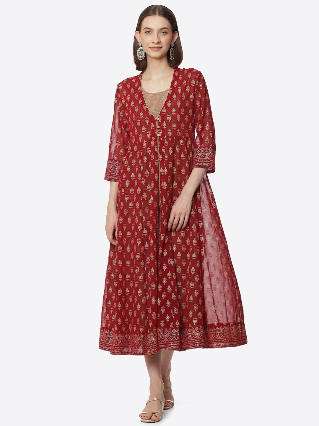 rangriti women red & gold-toned ethnic motifs a-line georgette maxi dress