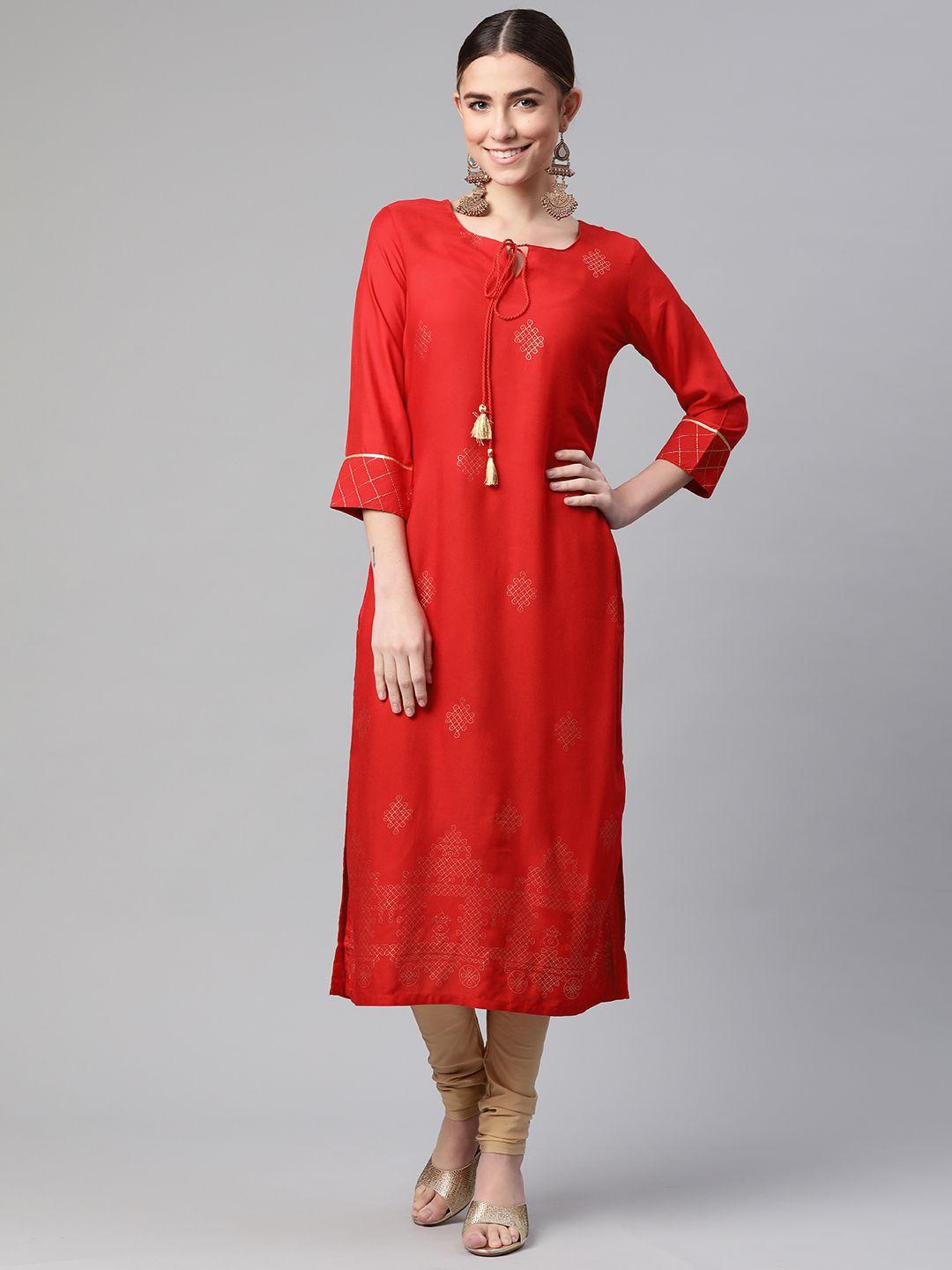 rangriti women red & golden ethnic motifs printed kurta