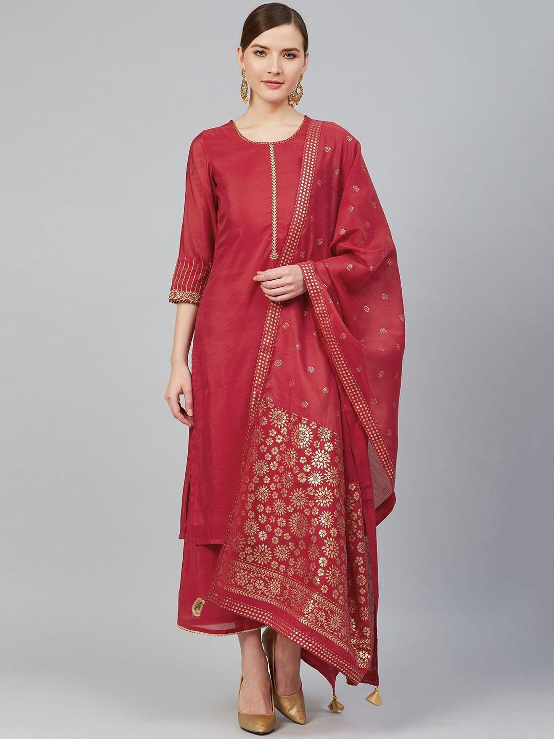 rangriti women red & golden yoke design kurta with palazzos & dupatta