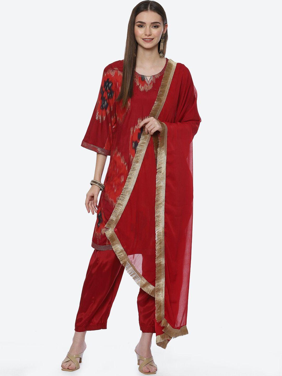 rangriti women red printed kurta with palazzos & dupatta