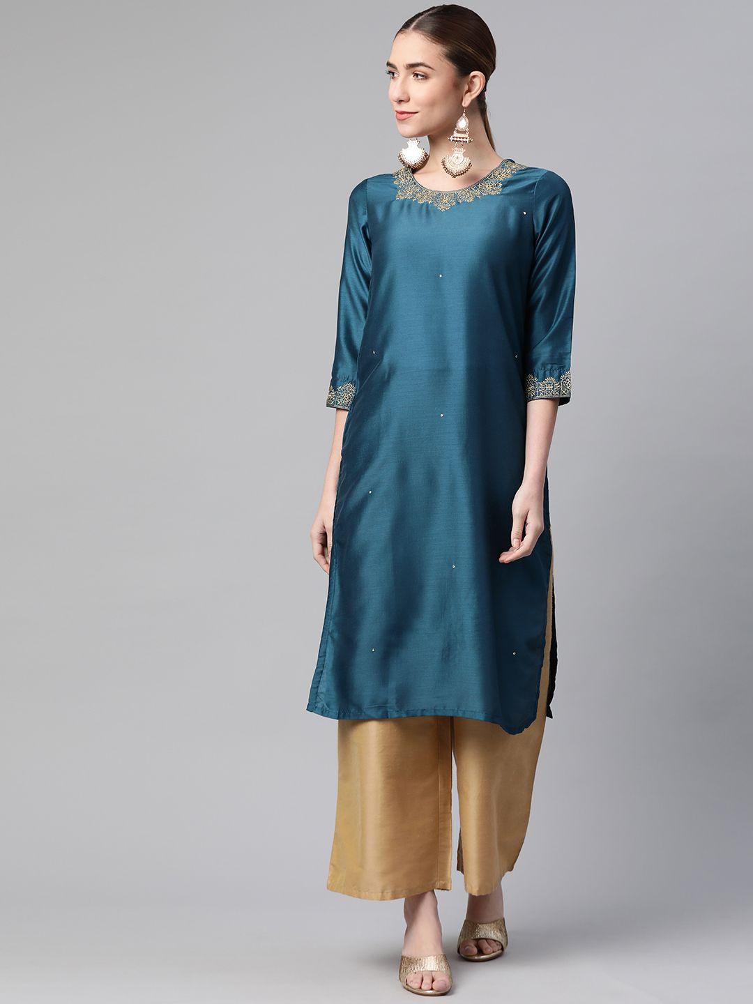 rangriti women teal blue ethnic motifs embroidered kurta