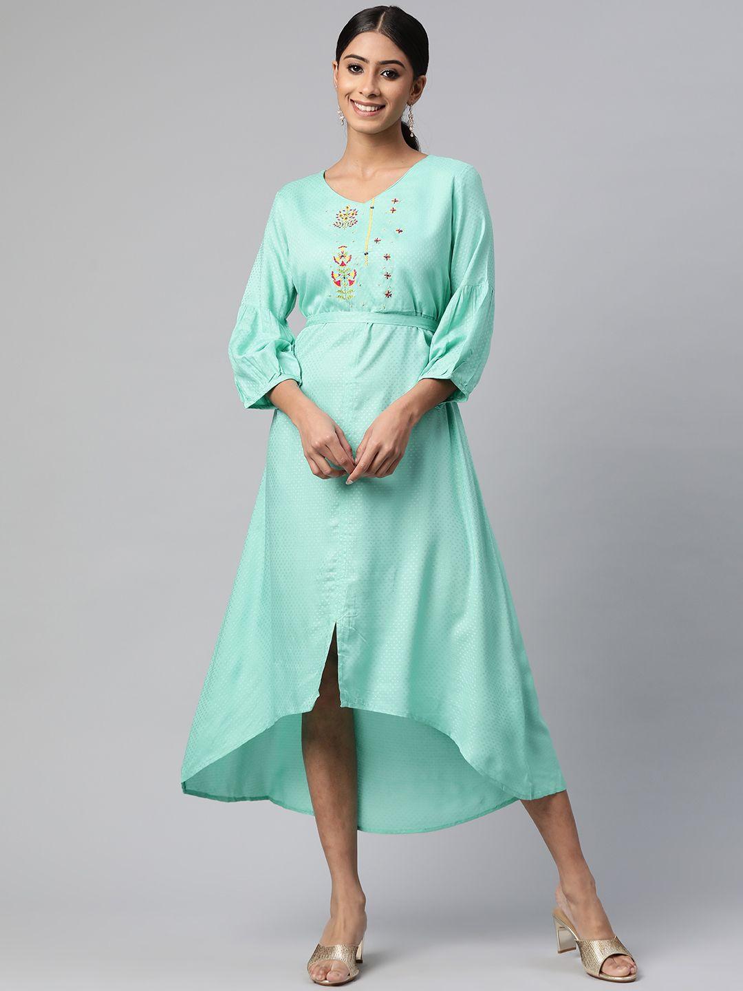 rangriti women turquoise blue & yellow embroidered a-line midi dress with a belt