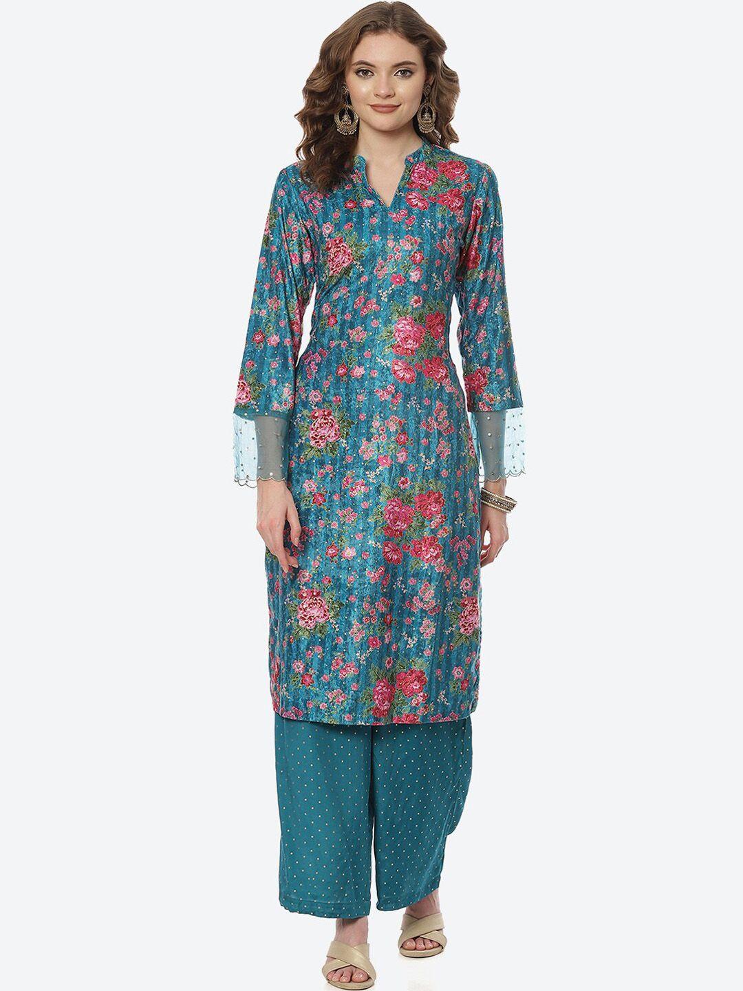 rangriti women turquoise blue floral printed kurta with palazzos