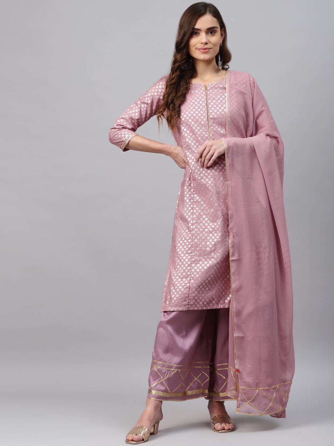 rangriti women violet printed regular kurta with sharara & dupatta