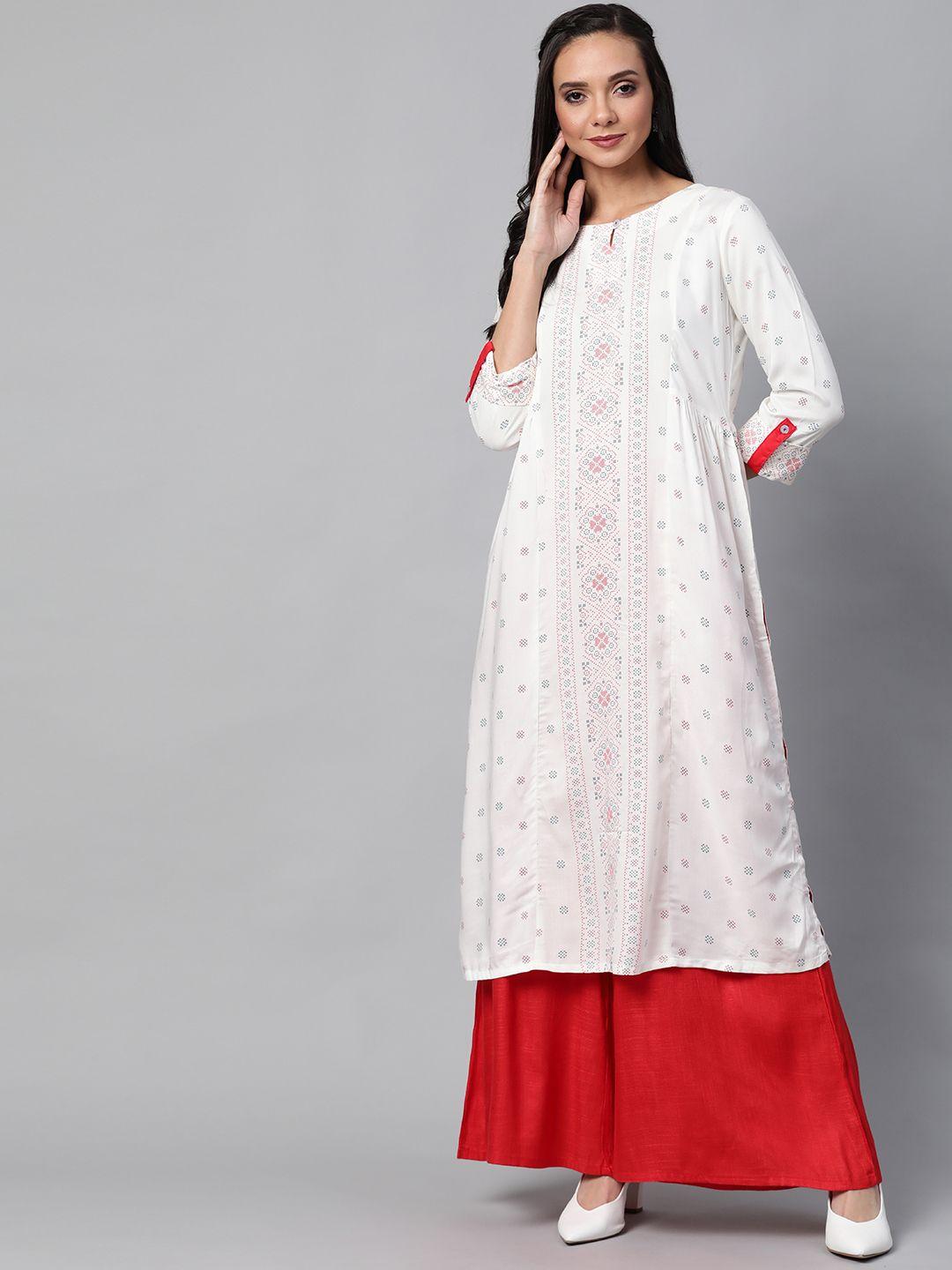 rangriti women white & blue ethnic print a-line kurta