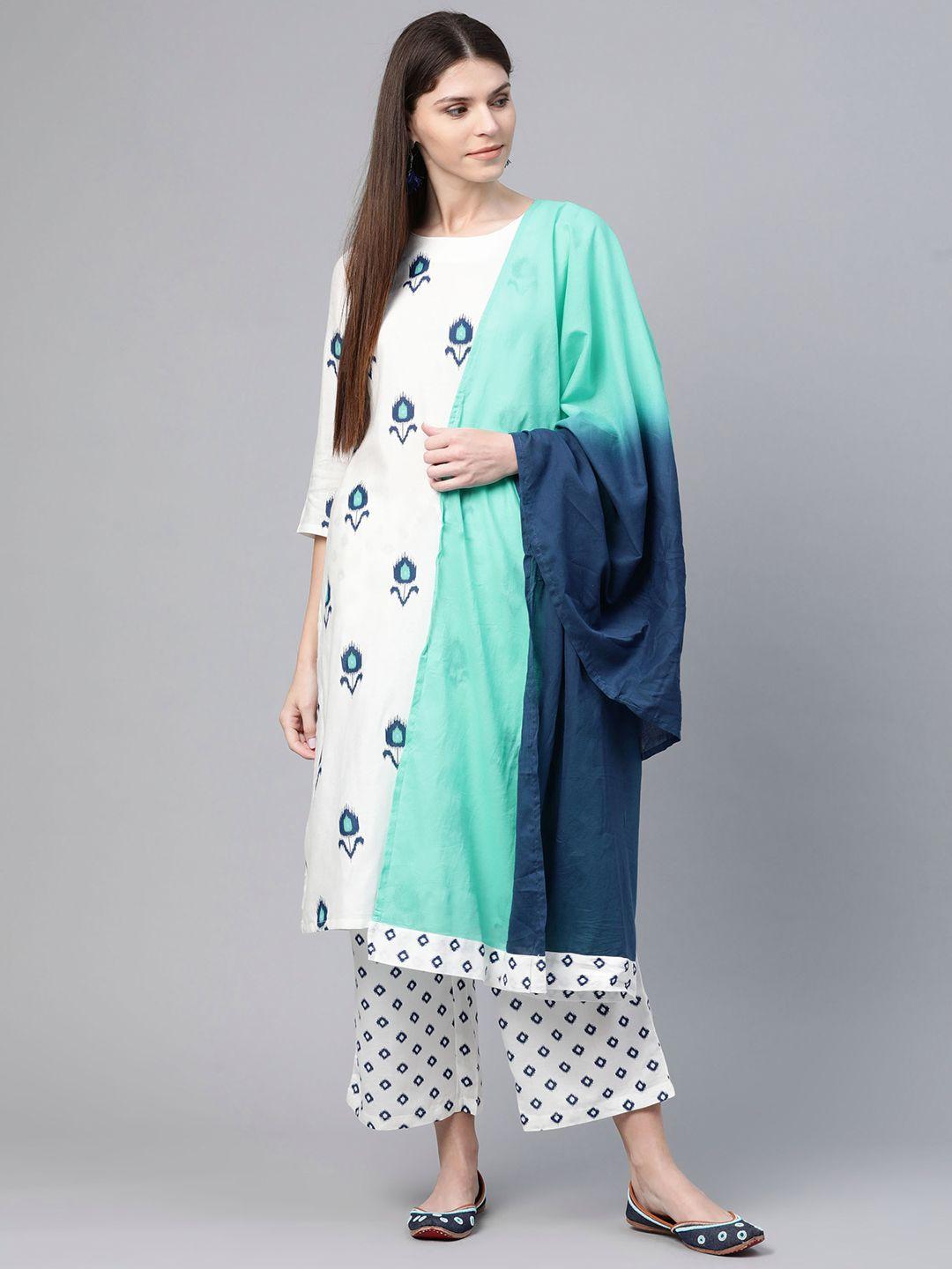rangriti women white & navy blue printed kurta with trousers & dupatta