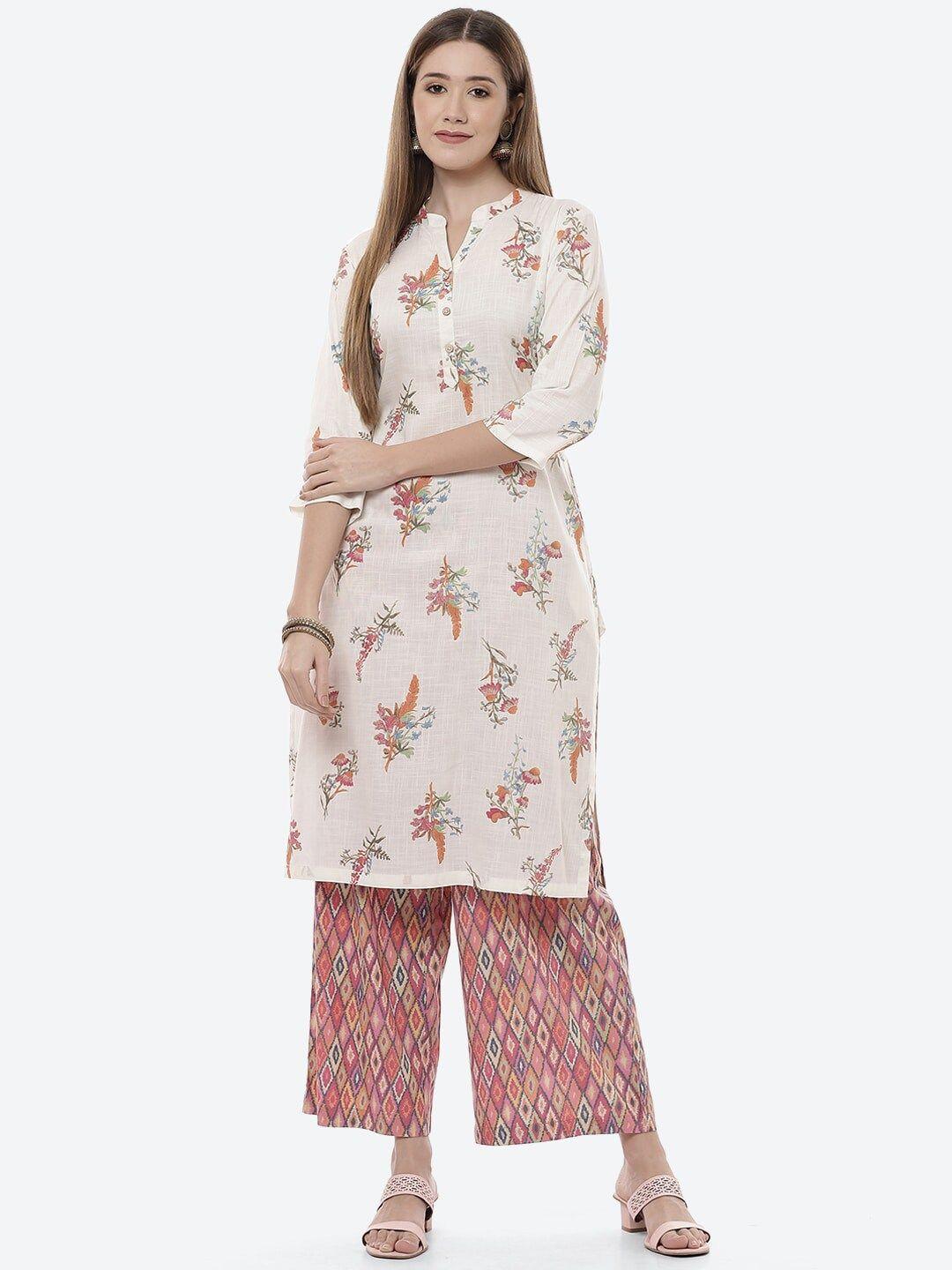 rangriti women white & pink floral printed kurta with trousers