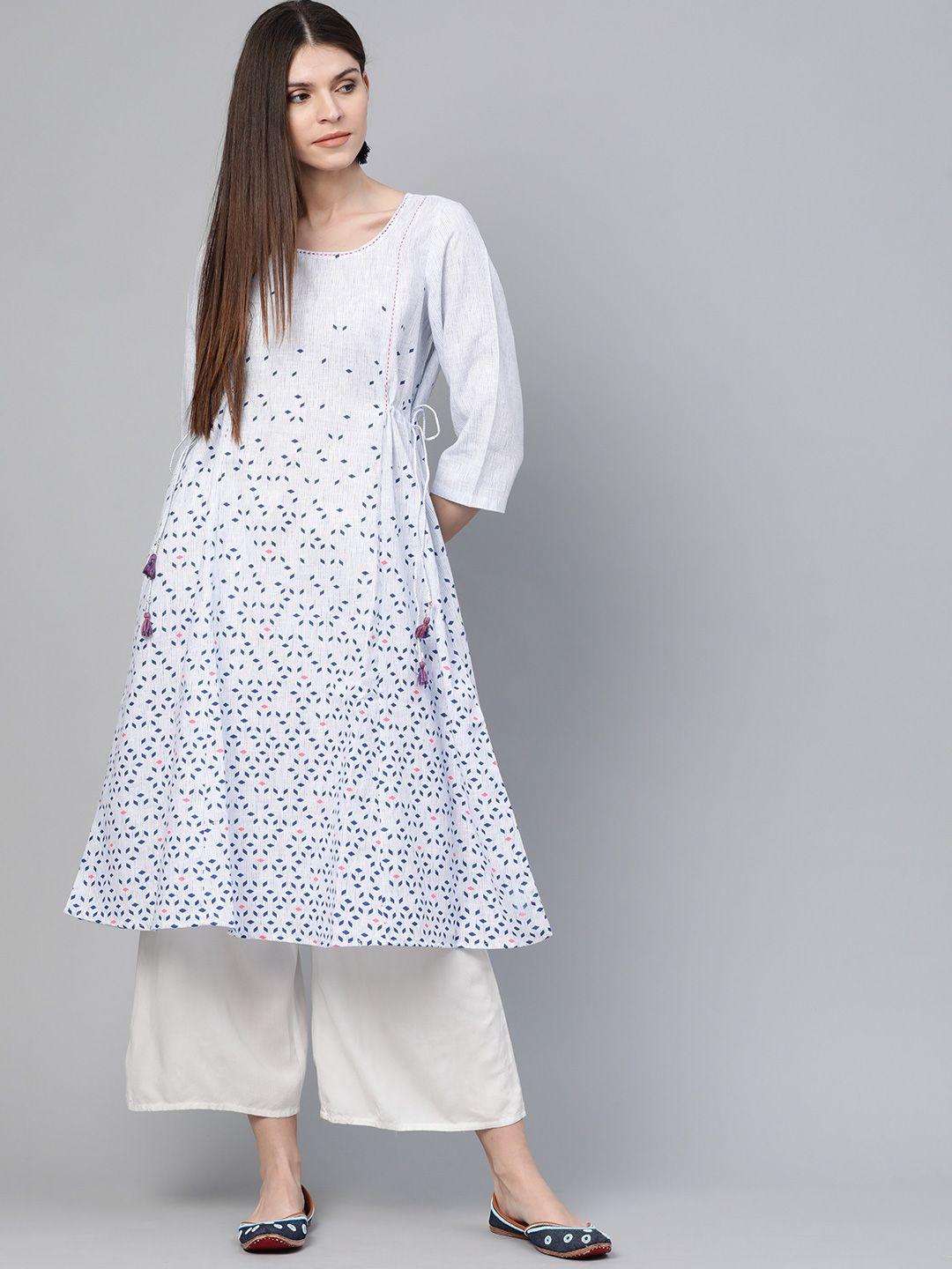 rangriti women white and blue printed a-line kurta