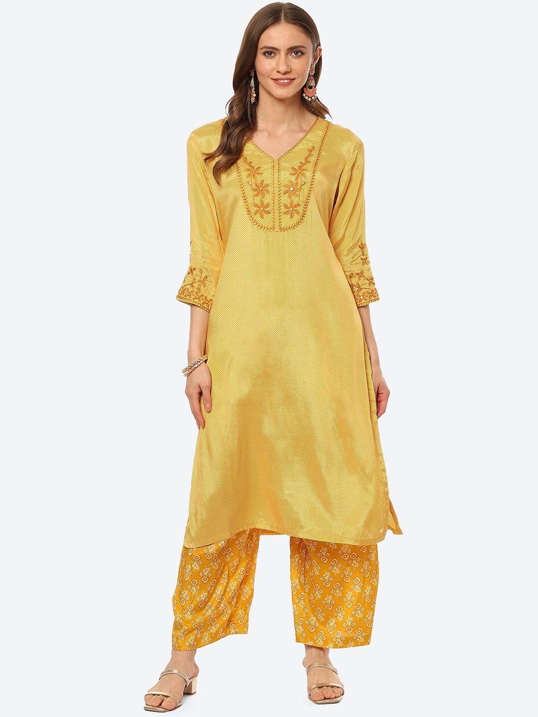 rangriti women yellow floral embroidered kurta with trousers