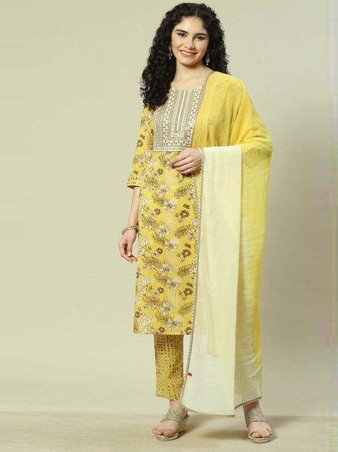 rangriti yellow cotton embroidered kurta and pant set with dupatta