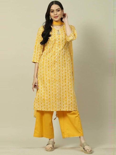 rangriti yellow cotton printed kurta and palazzo set with dupatta