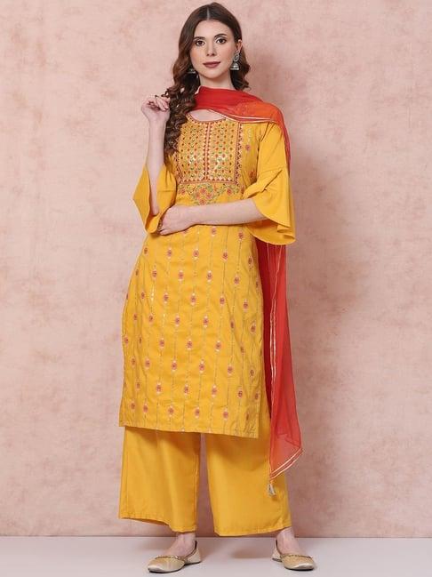 rangriti yellow embellished kurta palazzo set with dupatta