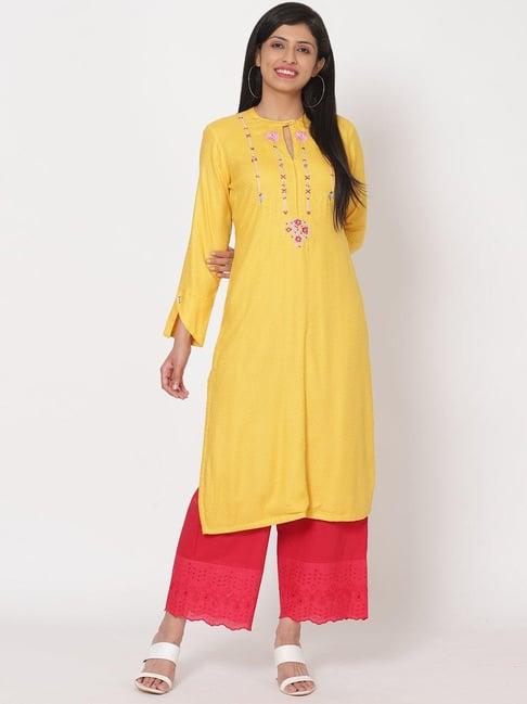 rangriti yellow embroidered straight kurta