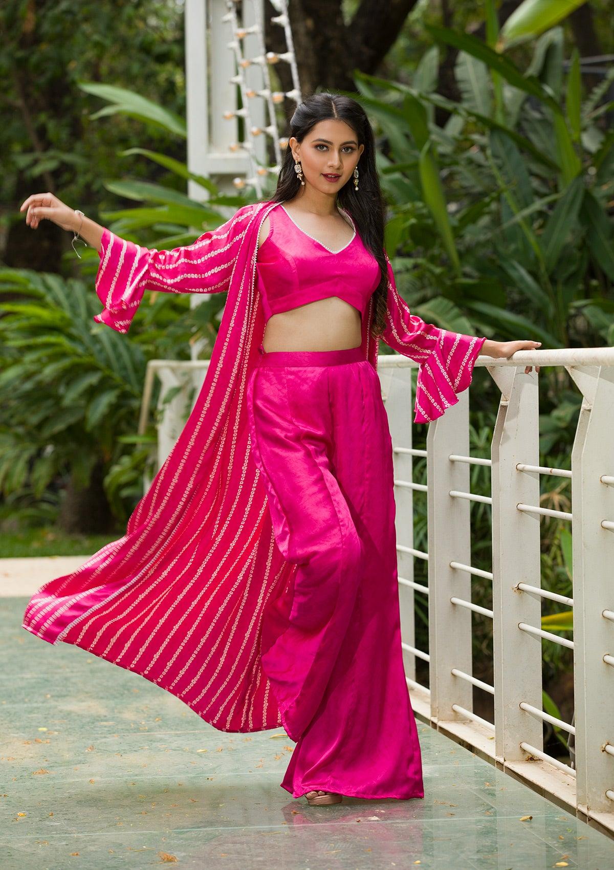 rani pink bandhani print satin readymade salwar suit