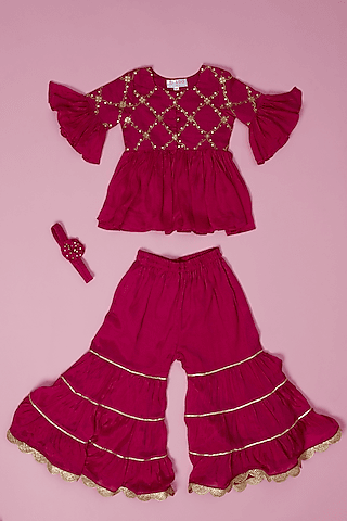 rani pink embroidered tiered sharara set for girls