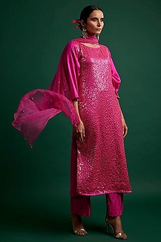 rani pink silk satin sequins handcrafted kurta set