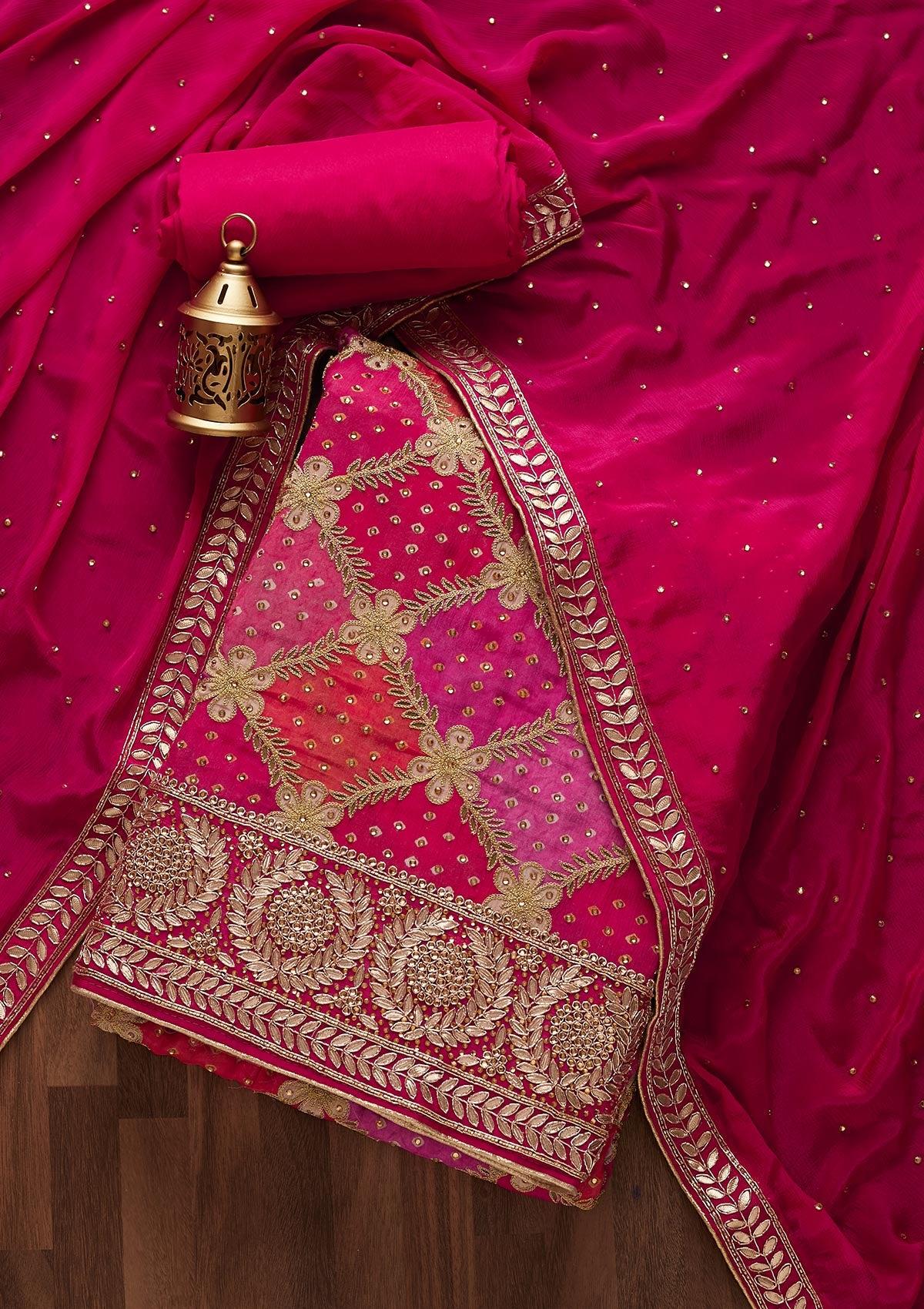 rani pink stonework semi crepe unstitched salwar suit