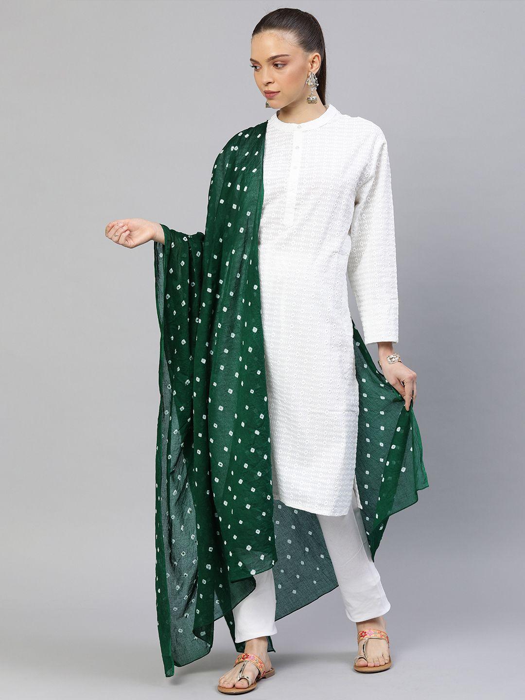 rani saahiba green & white printed pure cotton bandhani dupatta