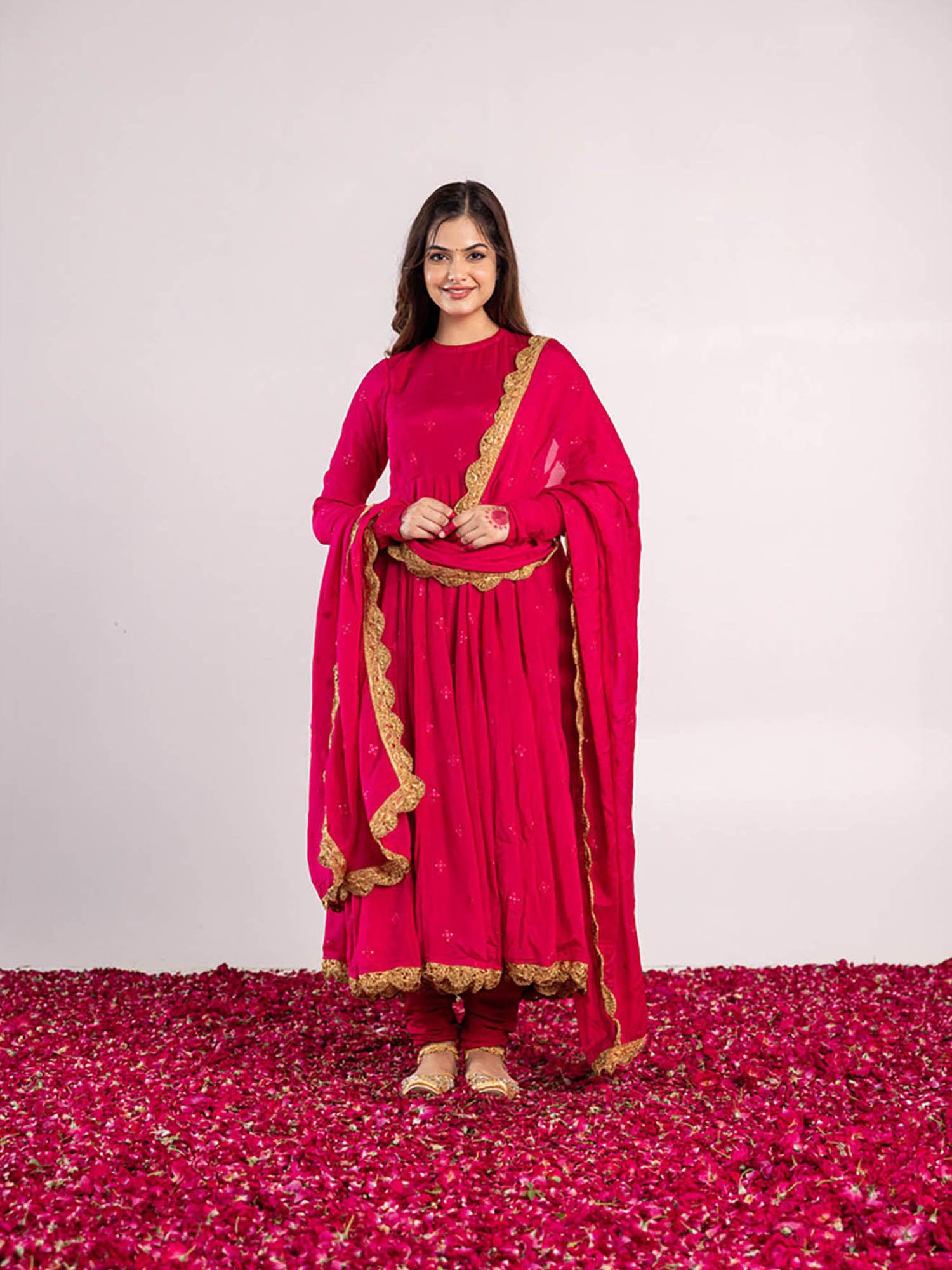 rani gopi embroidered anarkali pink (set of 3)