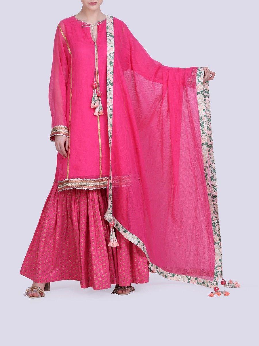 rani hot pink kota doria sharara with dupatta - customisable - set of 3