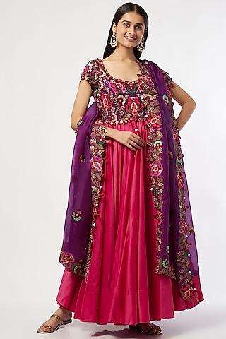 rani pink & purple embroidered anarkali set