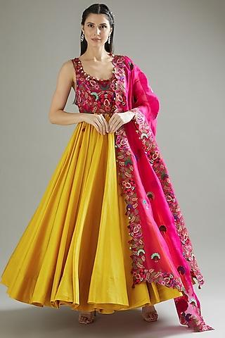 rani pink & yellow chanderi anarkali set