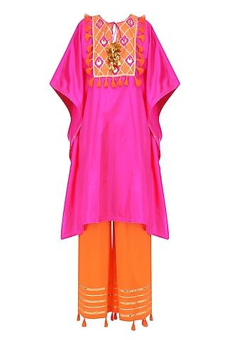 rani pink and orange gota patti work cape and wide legged pants set