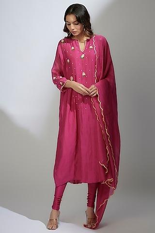 rani pink banarasi chanderi resham & pearl hand embroidered kurta set
