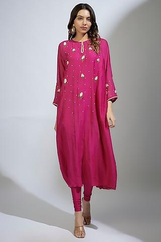 rani pink banarasi chanderi resham & pearl hand embroidered kurta set