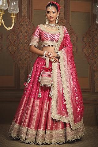 rani pink banarasi machine embroidered lehenga set