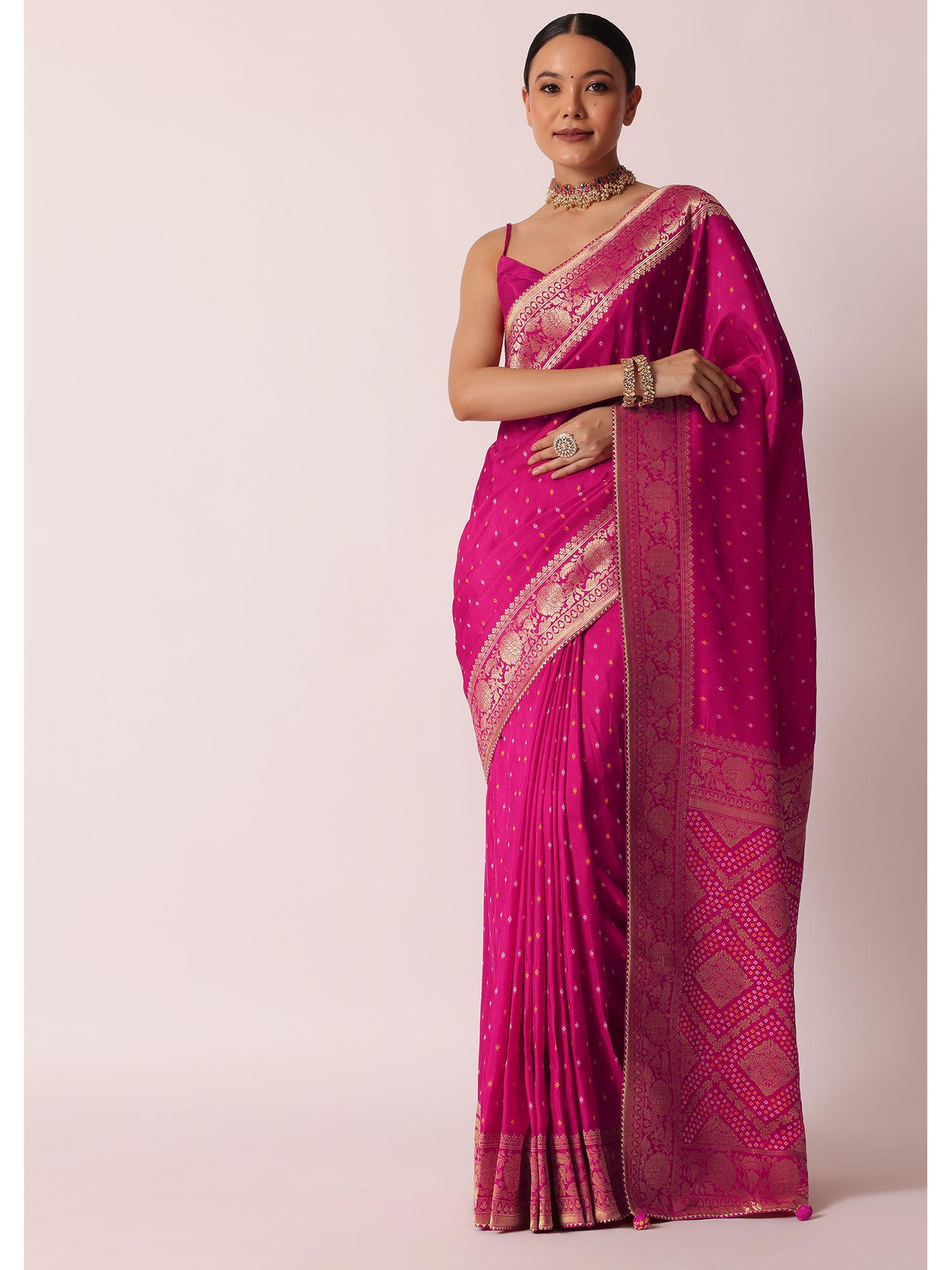 rani pink banarasi saree with bandhani buttis and unstitched blouse