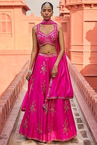 rani pink banarasi silk & organza patra embroidered lehenga set