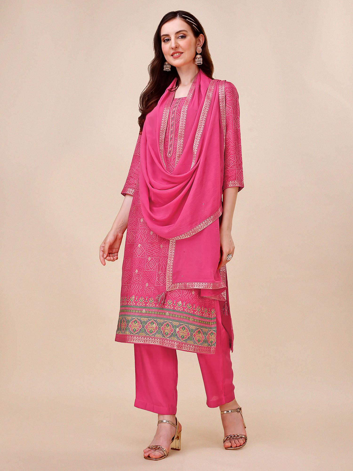 rani-pink bandhani printed jacquard design kurta with trouser and dupatta (set of 3)