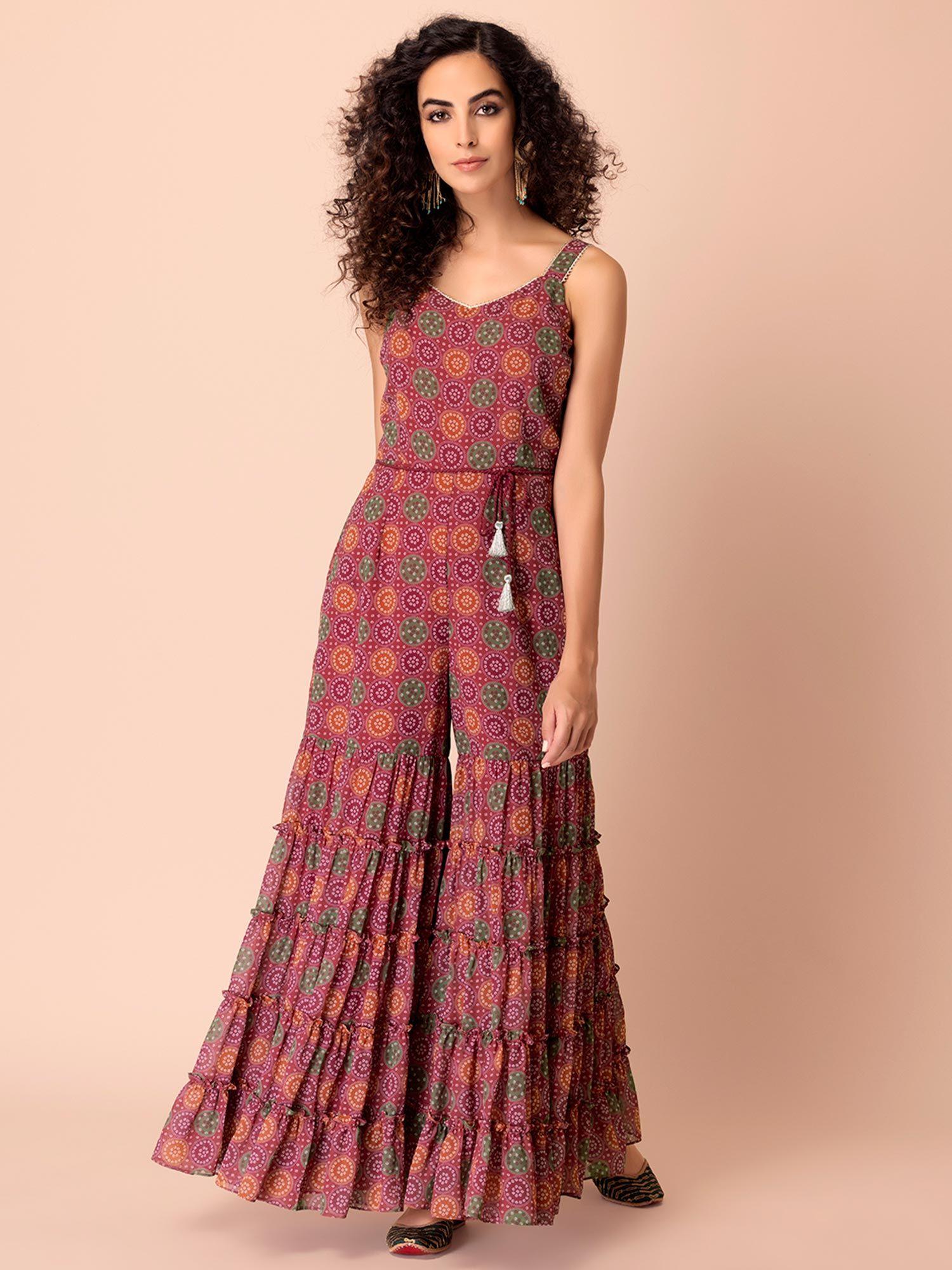 rani pink bandhani printed tiered jumpsuit