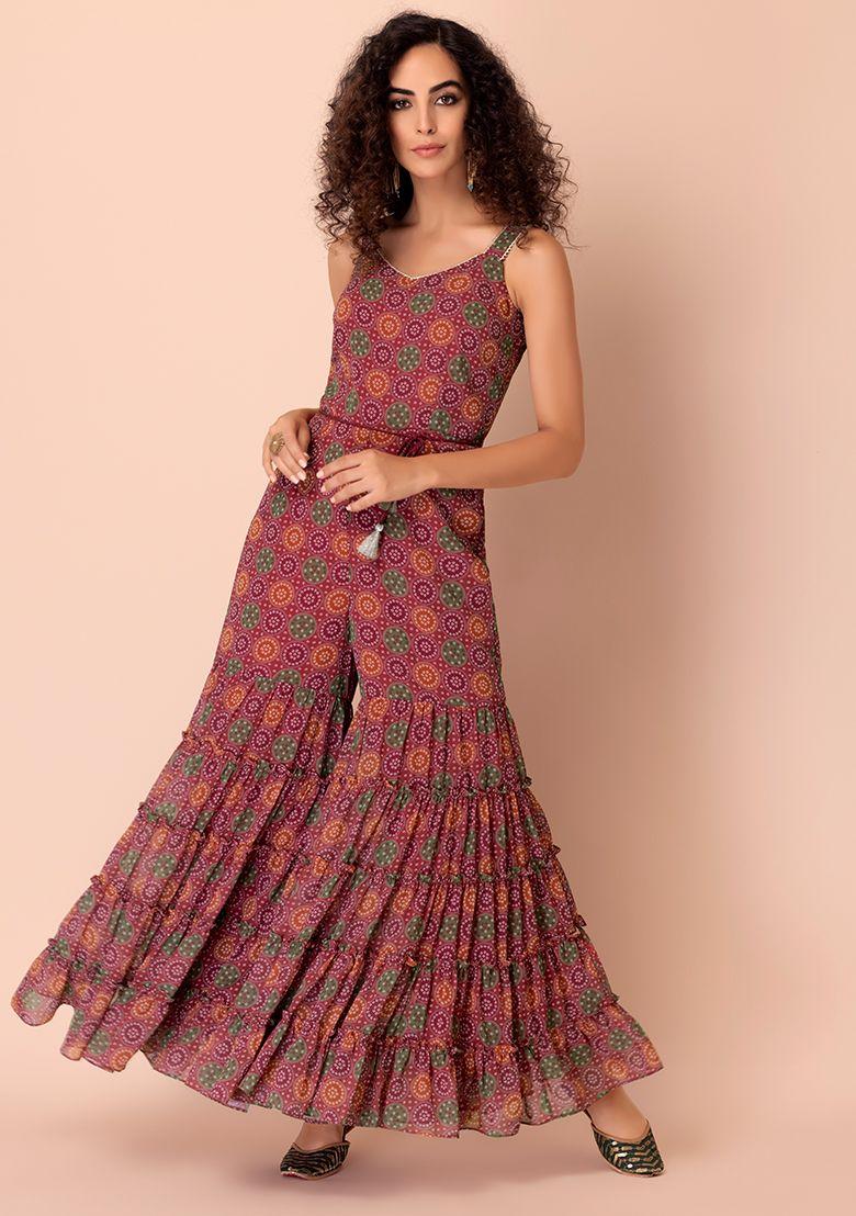 rani pink bandhani printed tiered jumpsuit