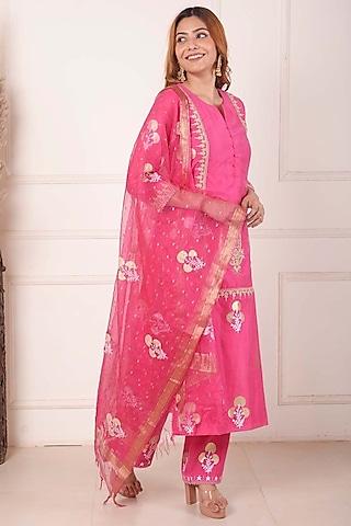 rani pink chanderi printed & embroidered kurta set