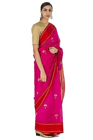 rani pink chanderi silk floral motif & meenakari handwoven saree