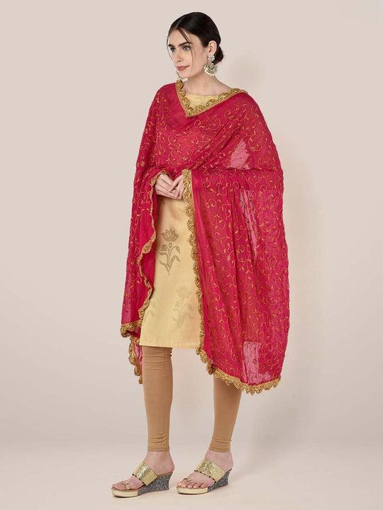 rani pink chiffon dupatta with gold embroidery