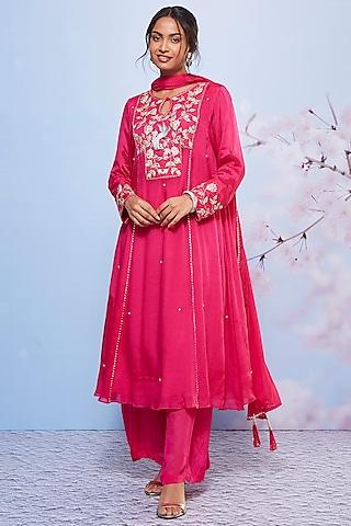 rani pink chiffon embroidered kurta set