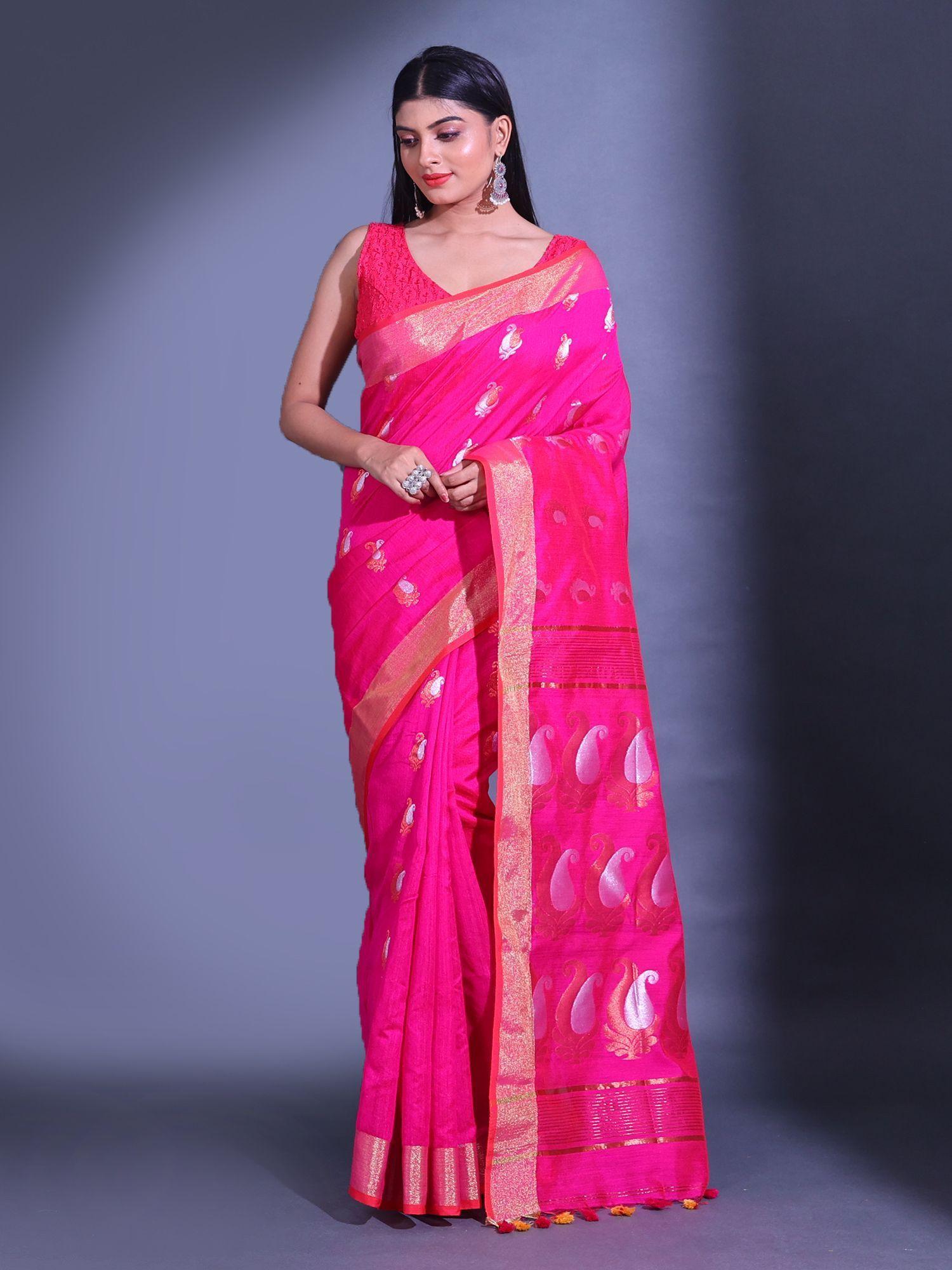 rani pink cotton blend handwoven paisley design saree with unstitched blouse