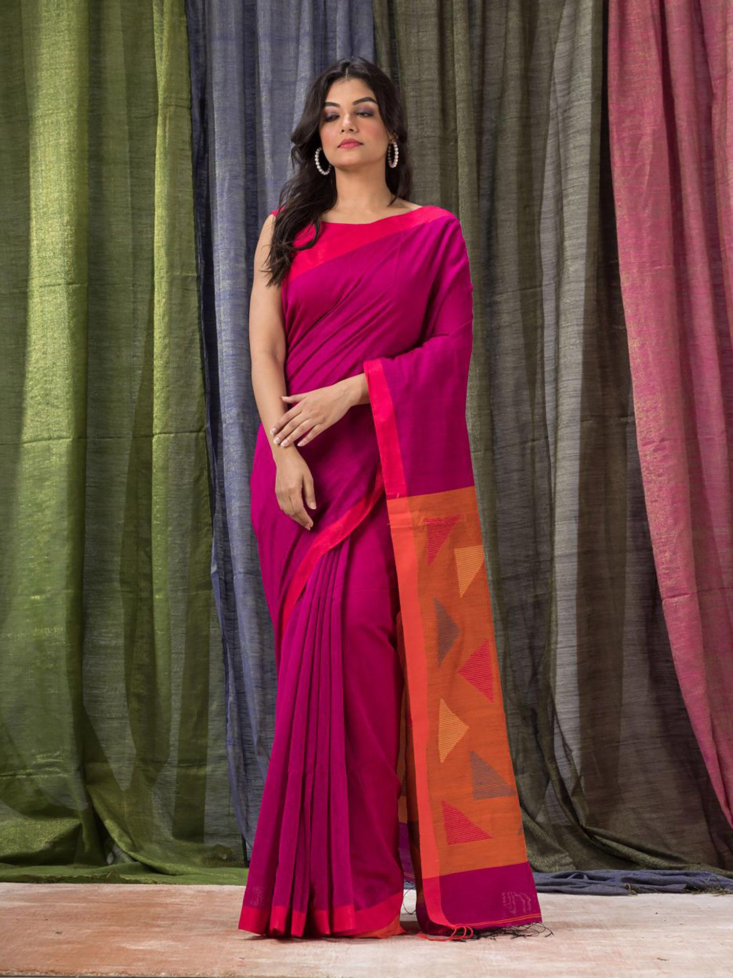 rani pink cotton blended traditional jamdani saree with unstitched blouse