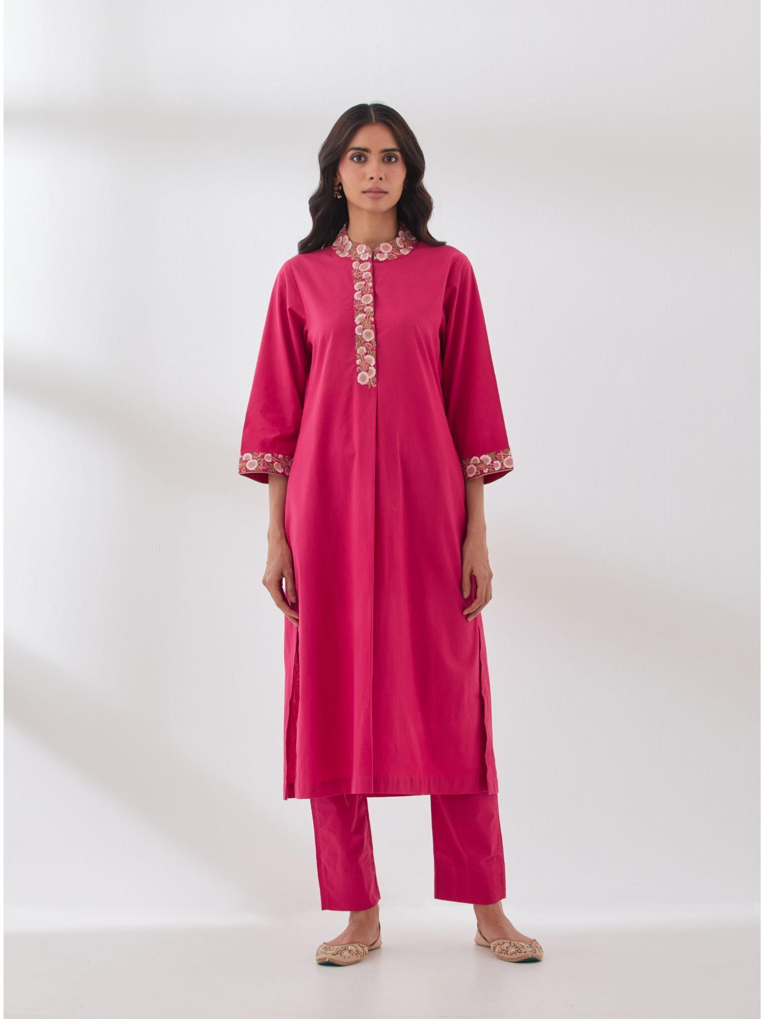 rani pink cotton embroidered kurta (set of 2)