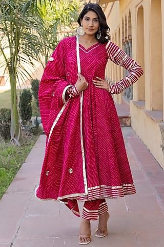 rani pink cotton leheriya printed & gota patti anarkali set