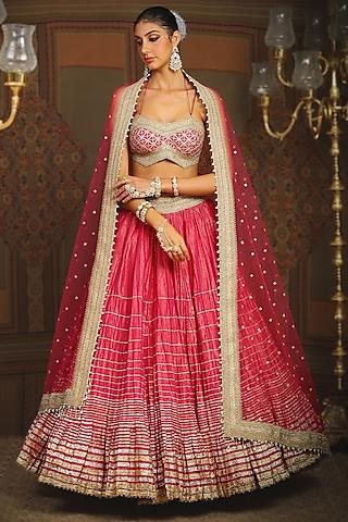 rani pink cotton shimmer chanderi gota embroidered crinkle lehenga set