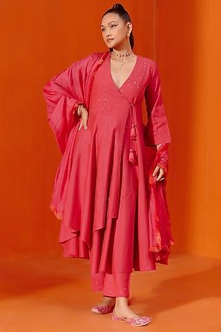 rani pink cotton silk blend dori embroidered angrakha anarkali set