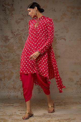 rani pink crepe bandhani printed tunic set