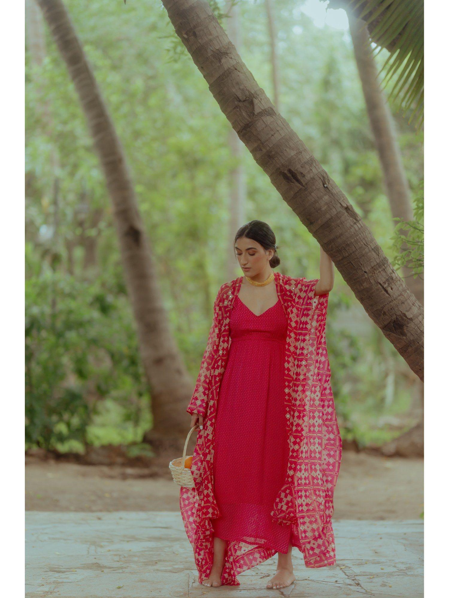 rani pink dotted printed slit dress (set of 2)