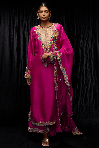 rani pink dupion embroidered kurta set