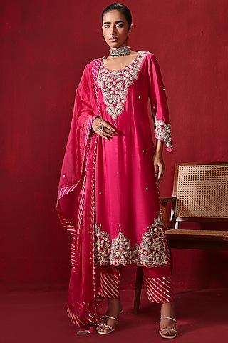 rani pink dupion silk embroidered long kurta set